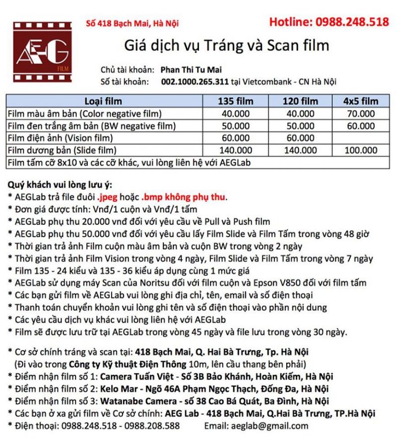 Bảng giá dịch vụ tráng và scan film tại Aeg Lab