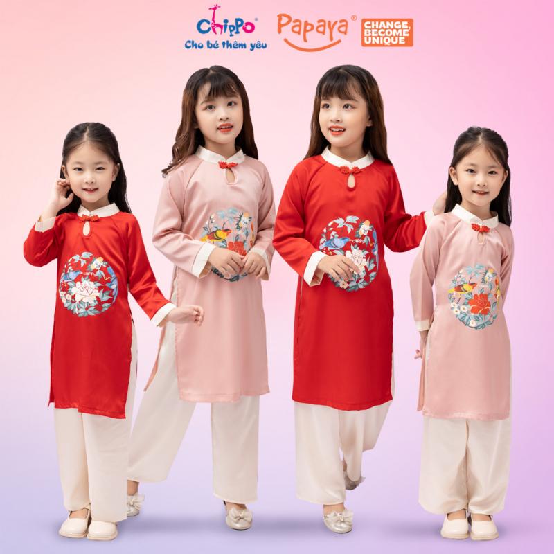 Áo dài lụa Chippo dáng cách tân mẫu mới cho bé gái từ 6-10 tuổi (21-35kg) mặc Tết