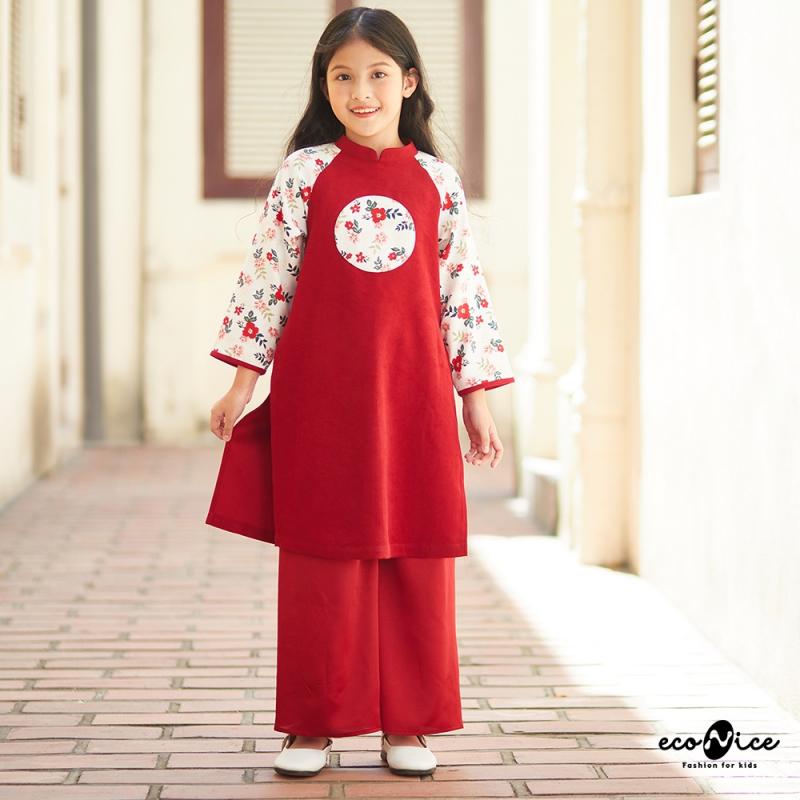 Áo dài tết cách tân màu đỏ họa tiết cho bé gái, bé trai Econice AD024.