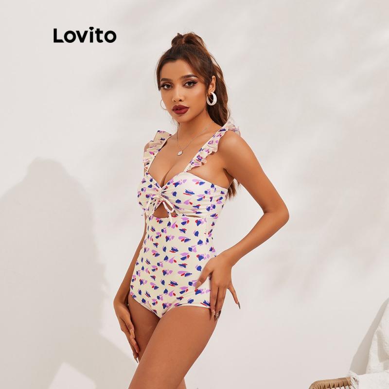 Bikini Lovito họa tiết in hoa xếp nếp co giãn nhẹ phong cách Boho L13X124 (Màu be)