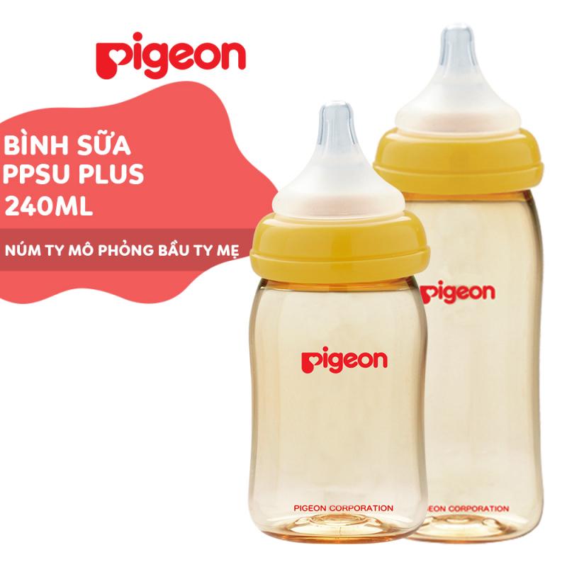 Bình sữa Pigeon cổ rộng PPSU với núm vú silicone siêu mềm Plus
