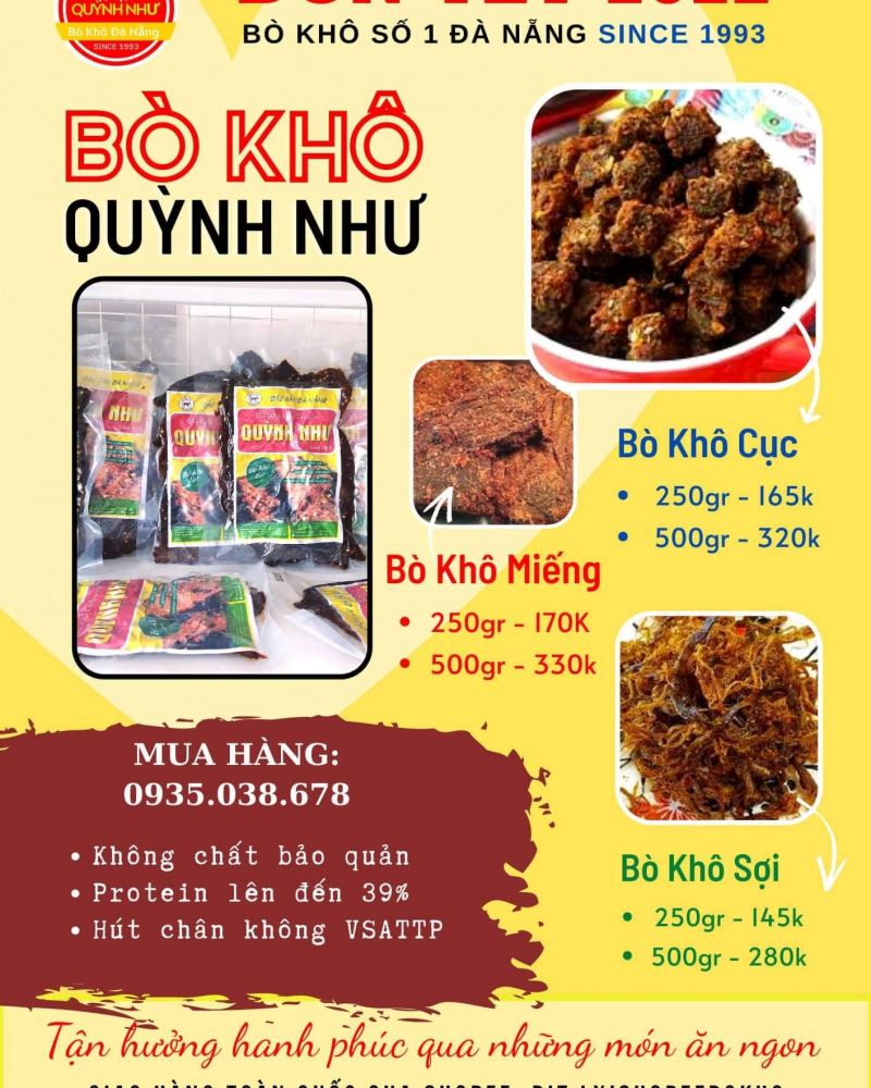 Bò Khô Gia Truyền Đà Nẵng - Quỳnh Như,  địa chỉ mua thịt bò khô ngon nhất Đà Nẵng