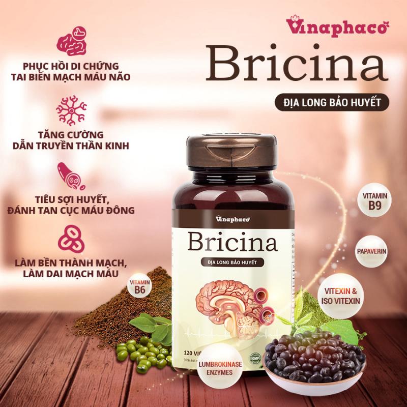 Sản phẩm Bricina (địa long bảo huyết) với các hoạt chất chính được chiết xuất từ thành phần dược liệu có trong sản phẩm. (Enzym Lumbrokinase, Kali, folate và vitamin B6, papaverin, Insulin, Carotenoid và Flavonoid, Arginine…)