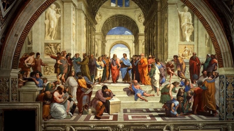 Kiệt tác Trường học Athens của Raphael. Trung tâm là Plato (trái) và Aristotle (phải), xung quanh là 19 triết gia nổi tiếng khác của Hy Lạp cổ.