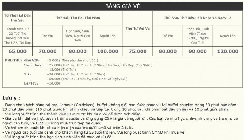 Giá vé tại CGV Vincom Long Biên