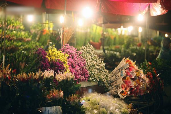 Dưới ánh đèn cao áp, từng sạp hoa bày kín những bó hoa còn đọng nguyên sương mai ngày mới, nở rộ khoe sắc.