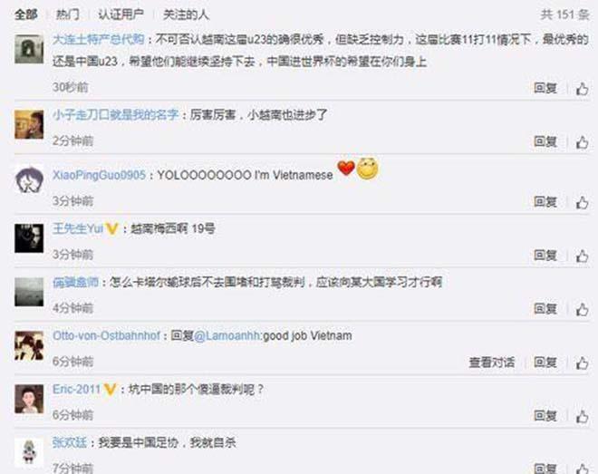 Người dùng mạng xã hội Weibo sợ hãi khi chứng kiến chiến thắng của U23 Việt Nam