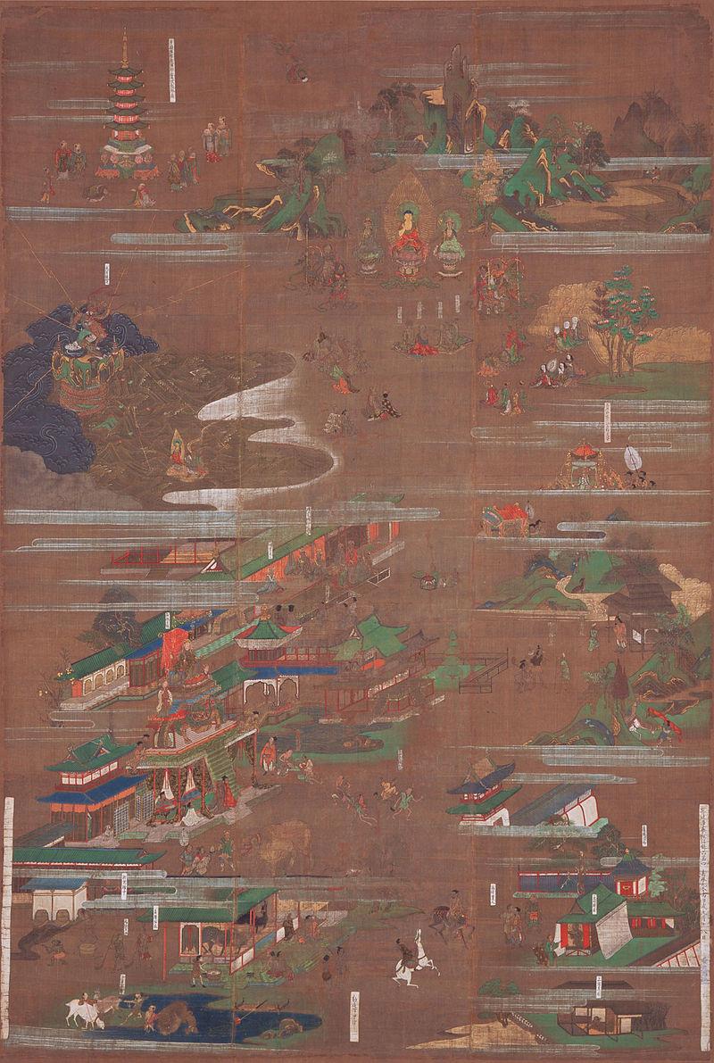 Quang cảnh Phật thuyết giảng kinh Pháp Hoa trên núi Linh Thứu ở ngoại thành Xá-vệ được vẽ vào thời Kamakura (Nhật Bản)
