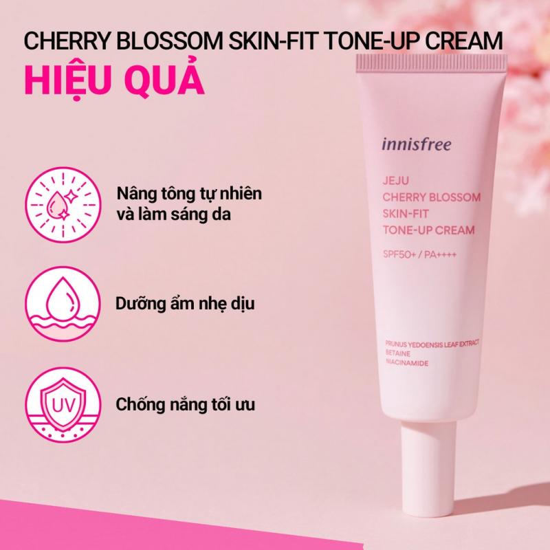 Kem dưỡng ẩm làm sáng chống nắng cho da Innisfree Jeju Cherry Blossom Skin-Fit Tone-Up Cream SPF 50+PA++++ 50ml