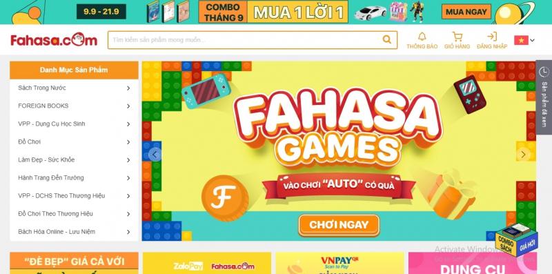 Giao diện website của Fahasa