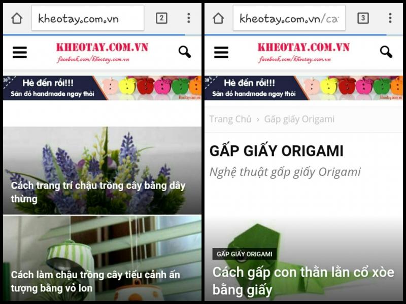 Trang chủ của Kheotay.com và chuyên mục origami