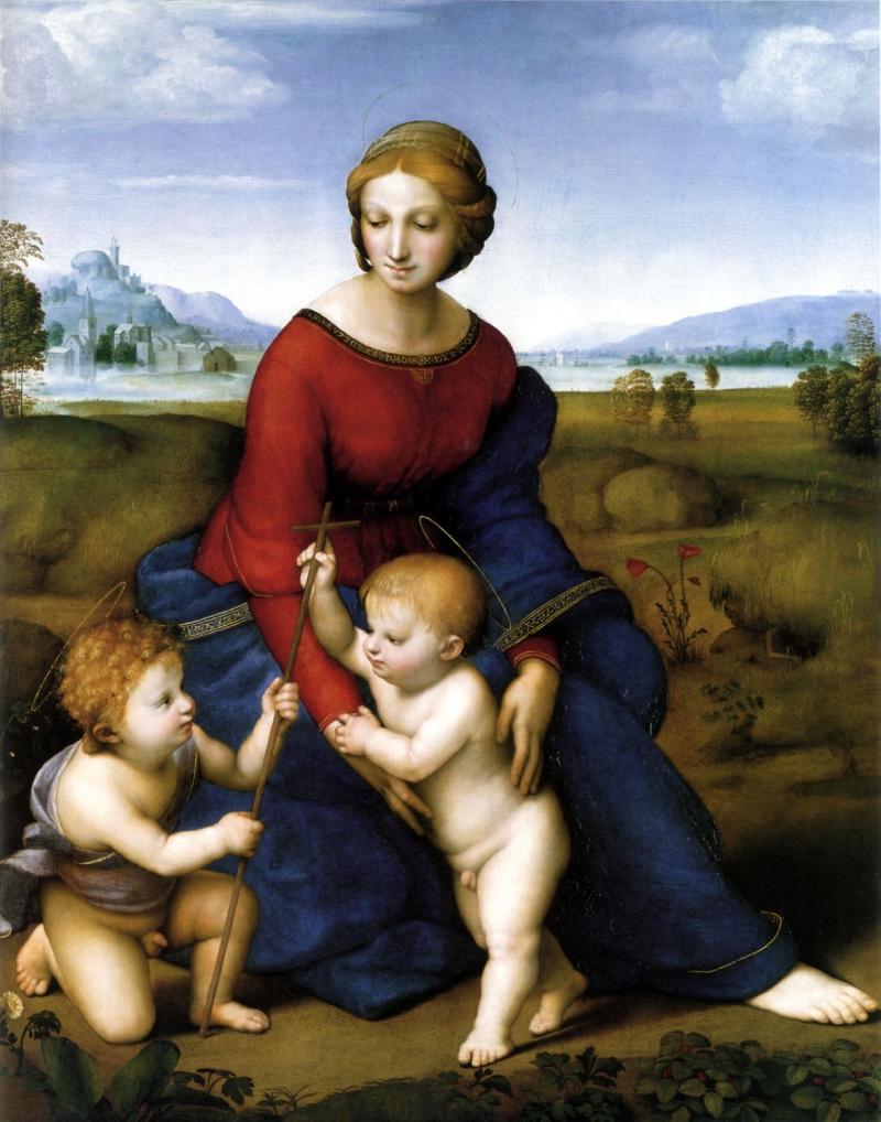Madonna xứ Meadow mô tả Đức Trinh Nữ Maria nhìn xuống con, Chúa Giêsu và anh em họ của ông.