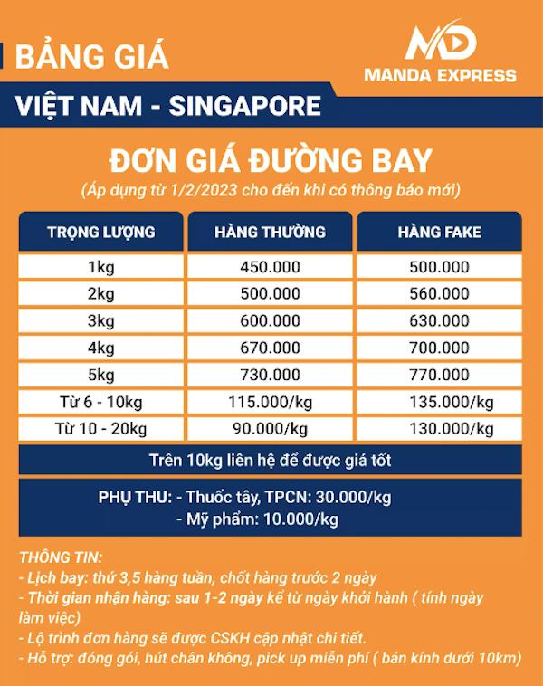 Bảng giá gửi hàng đi Singapore đường bay (Cập nhật 3/2023) của Manda Express