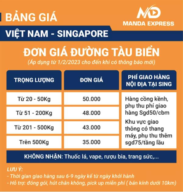 Bảng giá gửi hàng đi Singapore đường tàu biển (Cập nhật 3/2023) của Manda Express