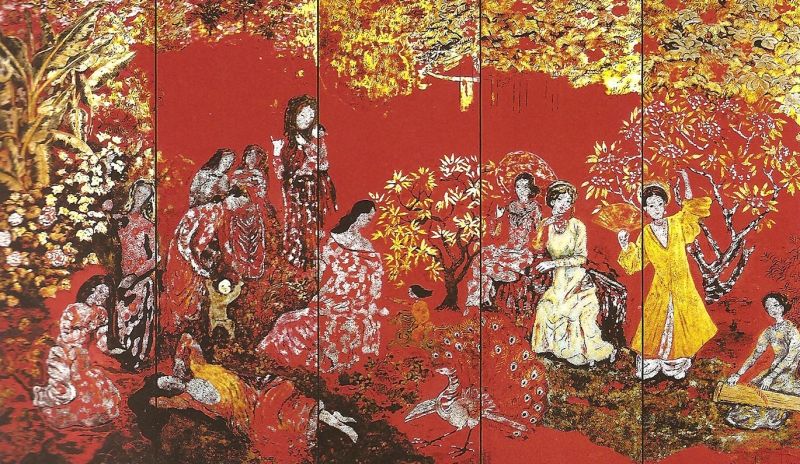 Tác phẩm sơn mài “Vườn xuân Trung Nam Bắc” của họa sĩ Nguyễn Gia Trí.
