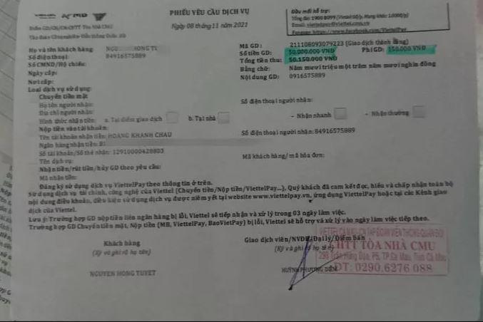 Hóa đơn chuyển tiền của bà H. cho tài khoản tên Hoang Khanh Chau (Ảnh: Người lao động)