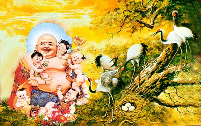 Phật Di Lặc cùng sáu em bé/chú tiểu tượng trưng cho sáu căn