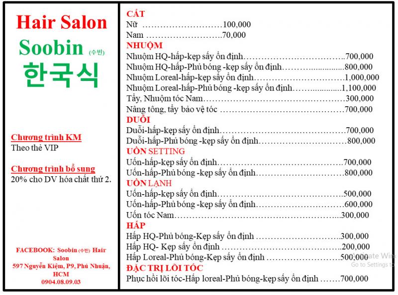 Bảng giá và ưu điểm của Salon Soobin (수빈) 한국식