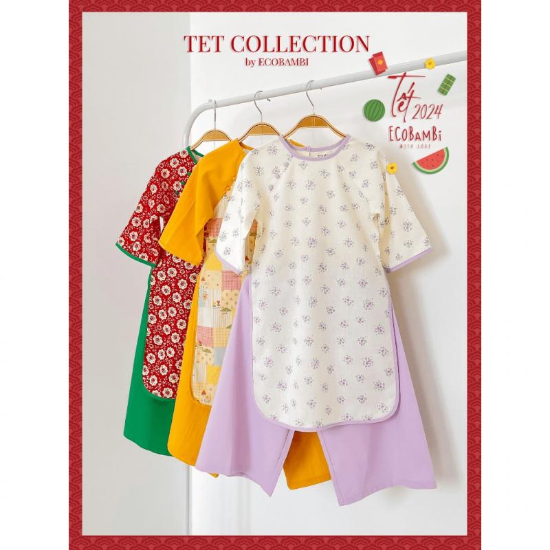 Set áo dài Tết cách tân, thiết kế với phong cách Vintage cho bé gái chất liệu linen cao cấp in hoa Ecobambi