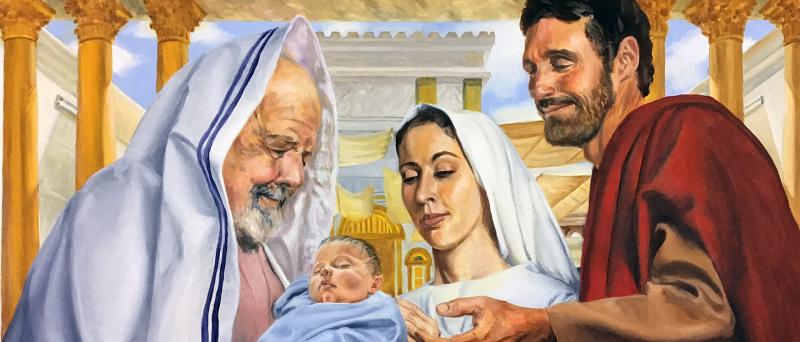 Tiên tri Simeon bế Chúa Jesus hài đồng khi gặp Đức Maria và Thánh Joseph đưa Ngài đến đền thờ
