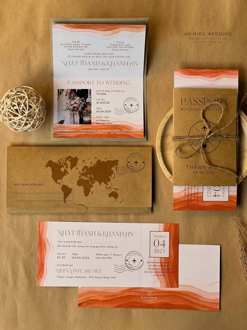 Thiệp cưới Passport màu nước tông màu cam đất