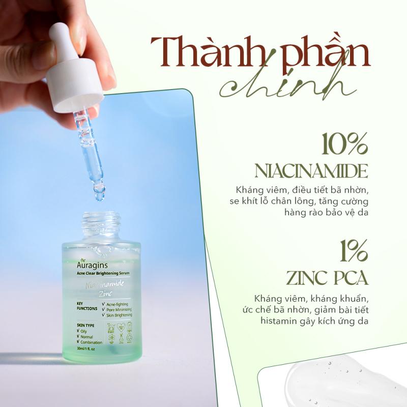 Tinh Chất Cho Da Dầu Mụn The Auragins 10% Niacinamide + 1% Zinc Acne Clear Brightening Serum