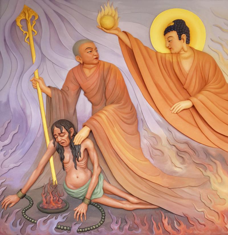 Hình ảnh Bồ Tát Đại Hiếu Mục Kiền Liên cứu mẹ bị đọa địa ngục đói khổ, nhờ Phật dạy cho pháp cúng dường trai tăng tháng 7 hồi hướng cho mẹ