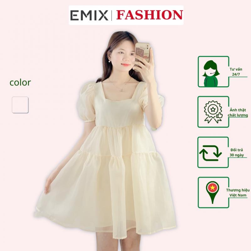Váy babydoll tơ xoè EMIX (màu da), tiểu thư, dáng dài, cổ vuông, tay bồng, xòe, vải tơ mềm nhẹ, 2 lớp 8277