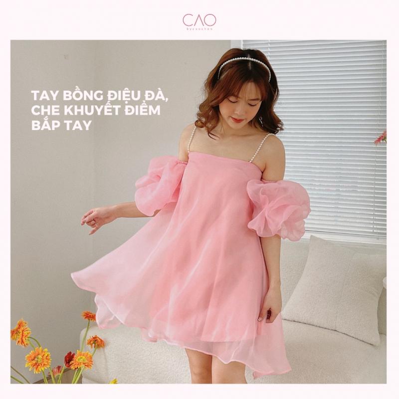 Váy đi chơi Jolie Dress có bigsize vải voan kính thiết kế dây cườm ngọc tay bồng Caocaobycaochen màu hồng phấn