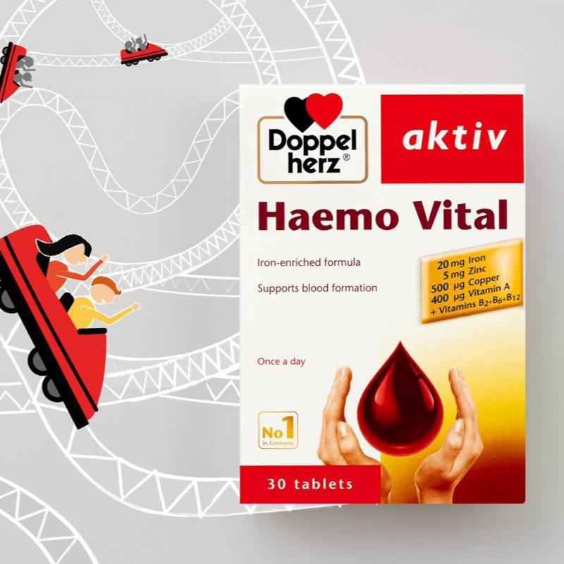 Viên uống bổ sung sắt và vitamin, ngừa thiếu máu DoppelHerz Aktiv Haemo Vital (Hộp 30 viên)
