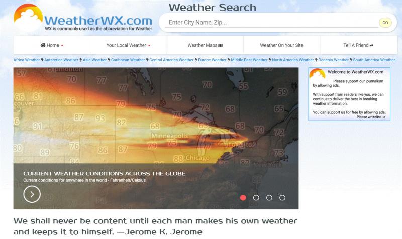 Giao diện của trang web thời tiết Weather WX