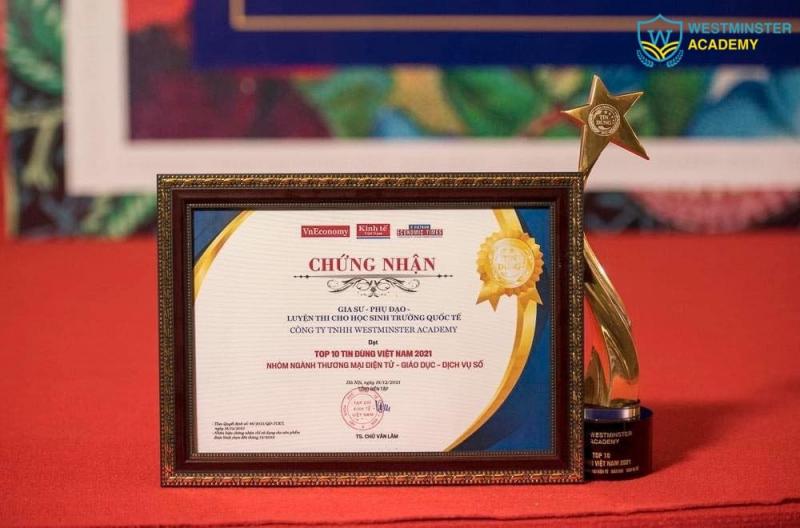 Cuối năm 2021, chương trình Gia sư - Phụ đạo - Luyện thi cho học sinh trường quốc tế (Tutoring) của Westminster Academy được trao giải thưởng Top 10 Tin Dùng Việt Nam 2021 nhóm ngành TMDT - Giáo dục - Dịch vụ số